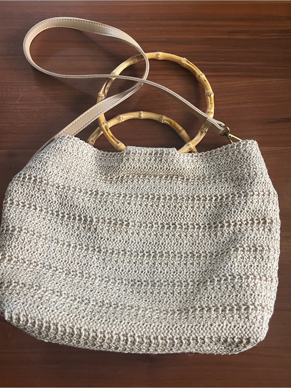 Beige Woven Crossbody Bag with Bamboo Handles